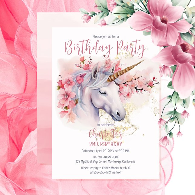Mystical Unicorn Floral Girl 2nd Birthday Party Invitation (Unicorn Mythical Creature and Pink Cherry Blossom Floral 2nd Birthday Party Invitation)