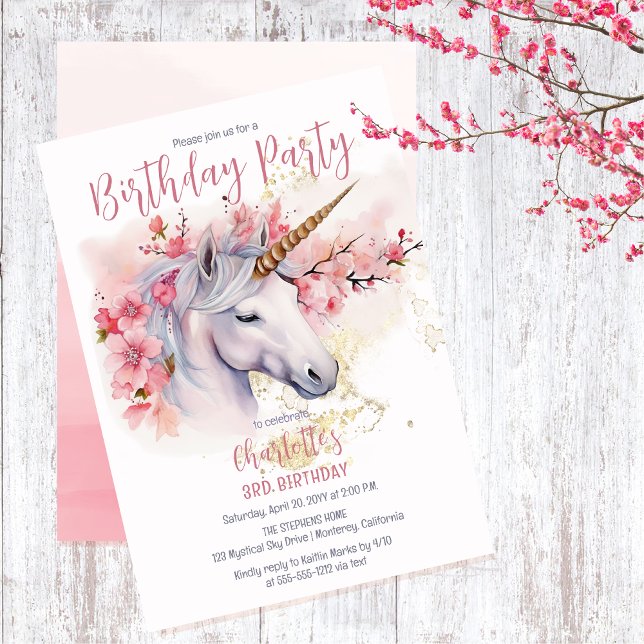 Mystical Unicorn Floral Girl 3rd Birthday Party Invitation (Unicorn Mythical Creature and Pink Cherry Blossom Floral 3rd Birthday Party Invitation)