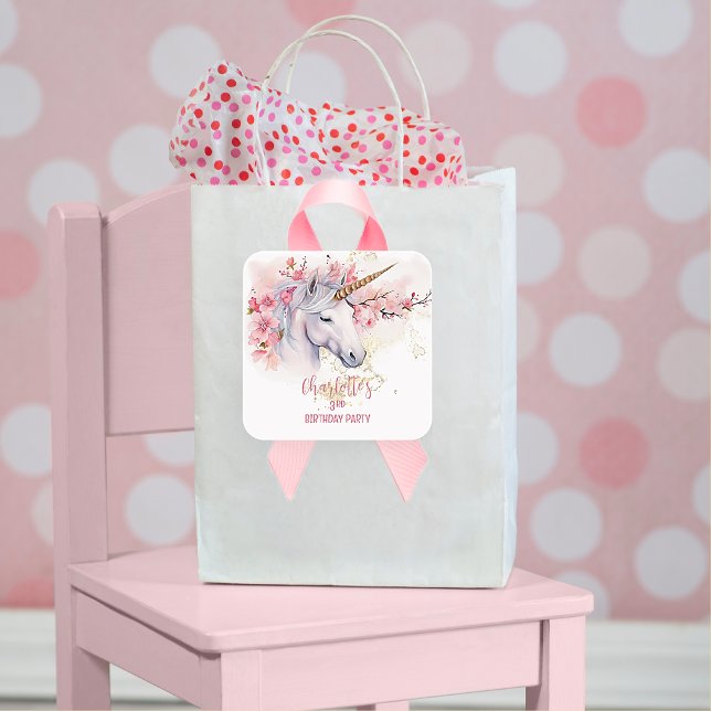 Mystical Unicorn Floral Girl 3rd Birthday Party Square Sticker (Mystical Unicorn and Cherry Blossoms Pink Girl 3rd Birthday Party Square Sticker)