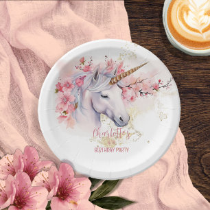 Mystical Unicorn Floral Girl 4th Birthday Party Paper Plate