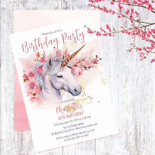 Mystical Unicorn Floral Girl 6th Birthday Party Invitation