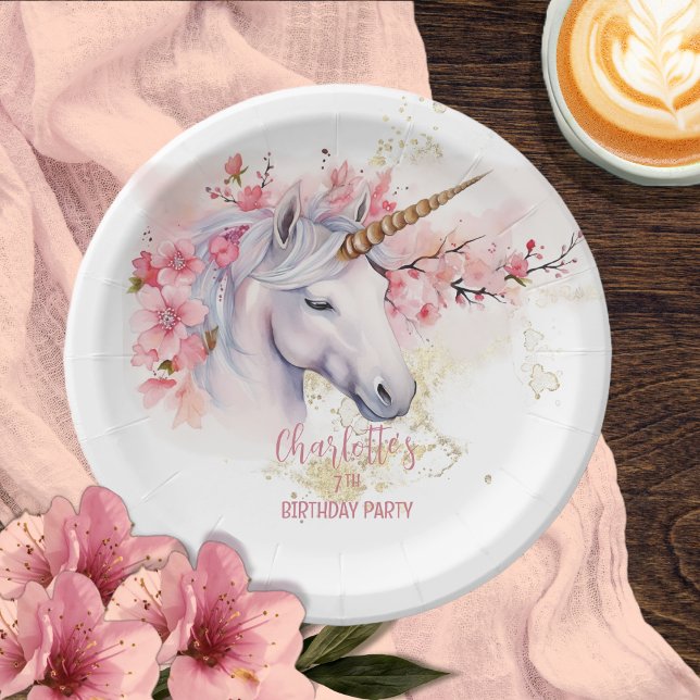 Mystical Unicorn Floral Girl 7th Birthday Party Paper Plate (Mystical Unicorn and Cherry Blossoms Pink Floral Girl 7th Birthday Party Paper Plates)