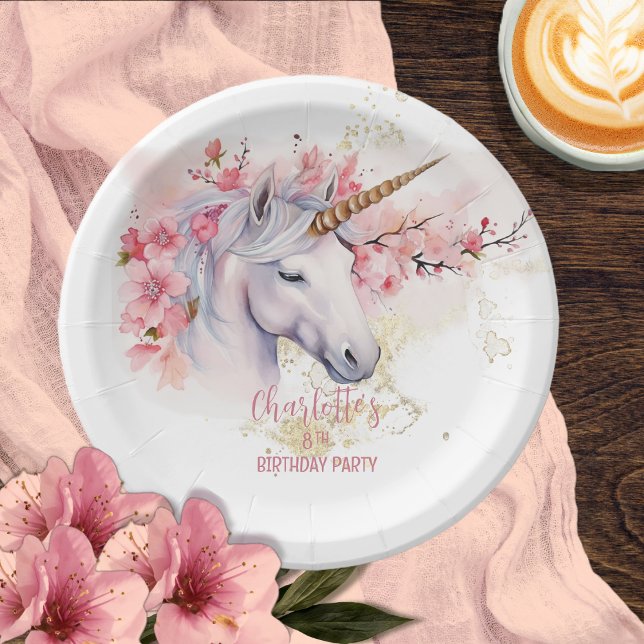 Mystical Unicorn Floral Girl 8th Birthday Party Paper Plate (Mystical Unicorn and Cherry Blossoms Pink Floral Girl 8th Birthday Party Paper Plates)