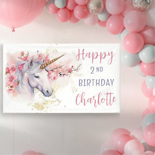 Mystical Unicorn Pink Floral Girl 2nd Birthday Banner