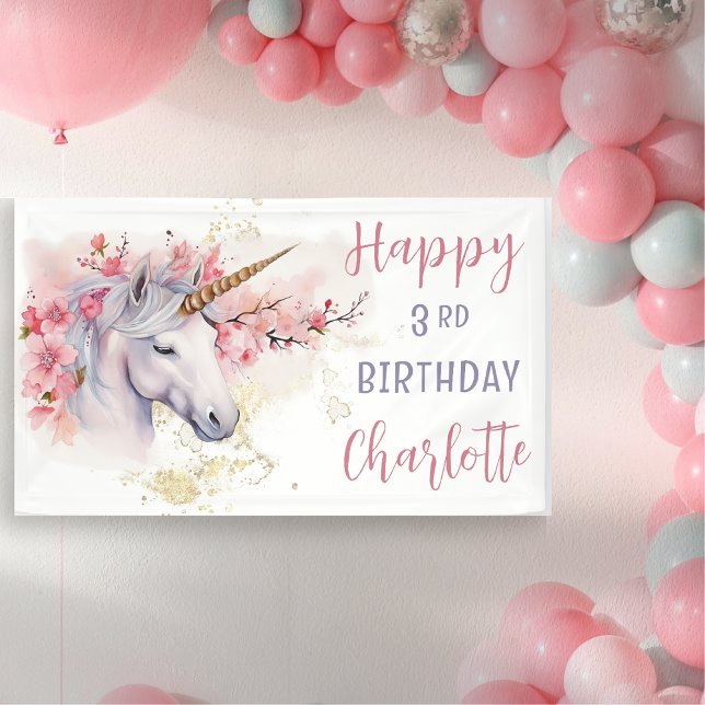 Mystical Unicorn | Pink Floral Girl 3rd Birthday Banner (Mystical Unicorn Pink  Cherry Blossoms and Faux Gold Glitter Girl's "Happy 3rd Birthday" Banner)