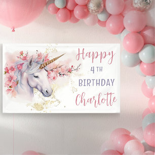Mystical Unicorn   Pink Floral Girl 4th Birthday Banner
