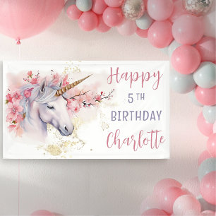 Mystical Unicorn Pink Floral Girl 5th Birthday Banner