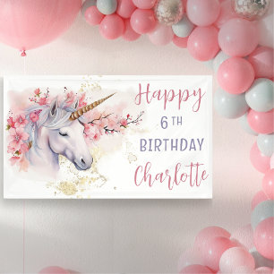 Mystical Unicorn   Pink Floral Girl 6th Birthday Banner