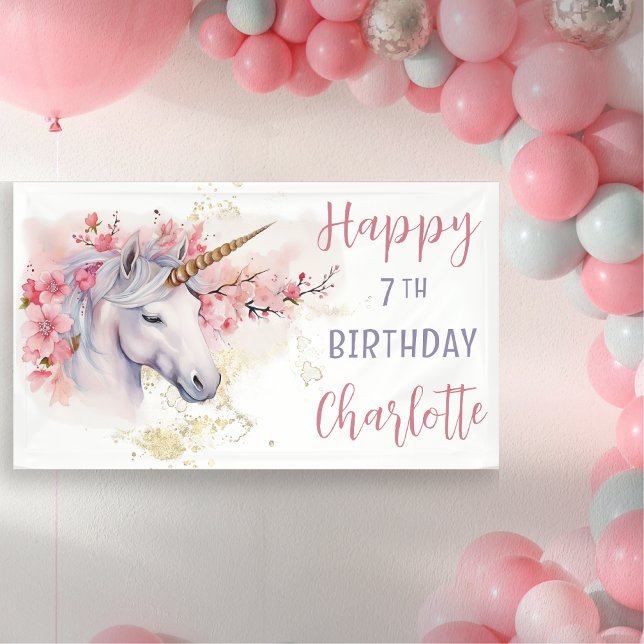 Mystical Unicorn | Pink Floral Girl 7th Birthday Banner (Mystical Unicorn Pink  Cherry Blossoms and Faux Gold Glitter Girl's "Happy 7th Birthday" Banner)