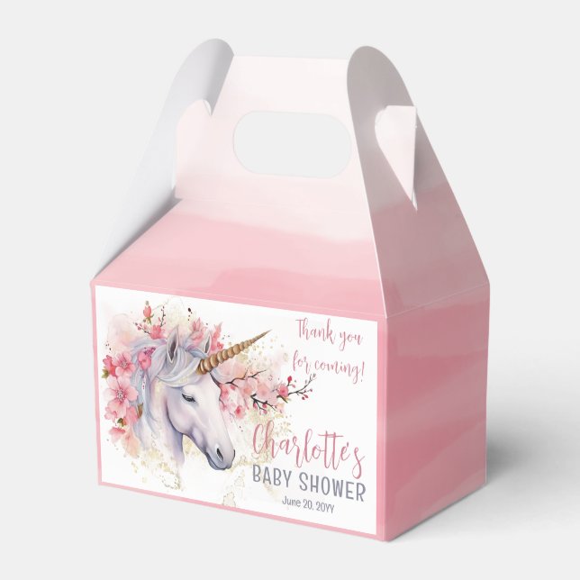 Mystical Unicorn | Pink Floral Girl Baby Shower Favour Box (Front Side)