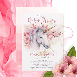 Mystical Unicorn   Pink Floral Girl Baby Shower Invitation