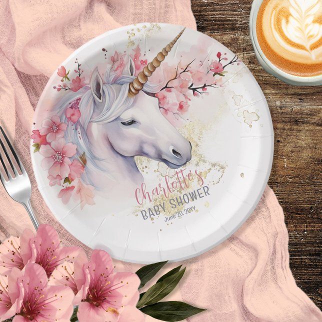 Mystical Unicorn | Pink Floral Girl Baby Shower Paper Plate (Mystical Unicorn and Cherry Blossoms Pink Floral Girl Baby Shower Paper Plates)