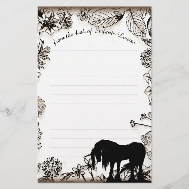Mystical Unicorn w/lines (rustic leaves) Stationery (Front)