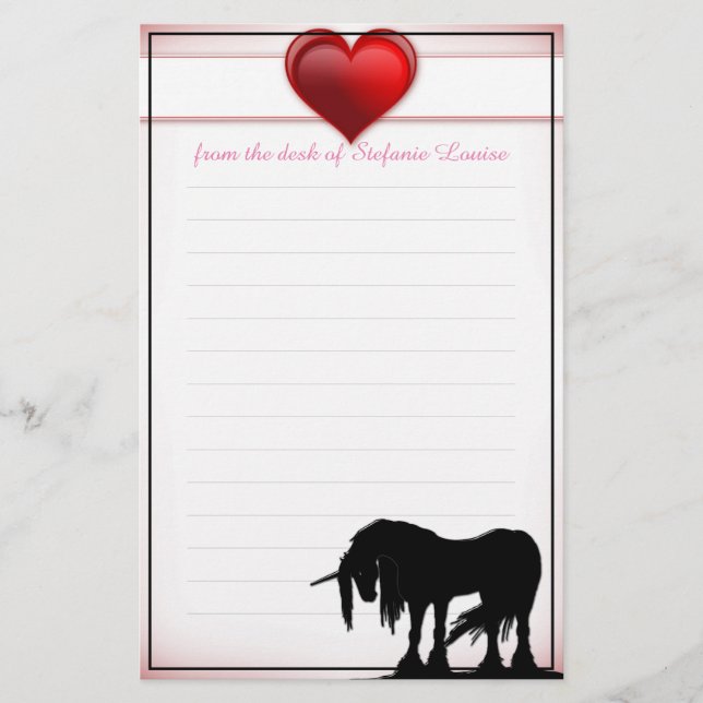 Mystical Unicorn w/lines (valentine heart) Stationery (Front)