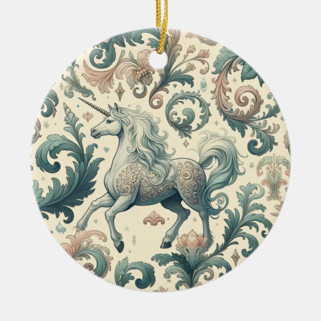 Mystical Victorian Unicorns: Enchanted Floral  Ceramic Tree Decoration (Front)