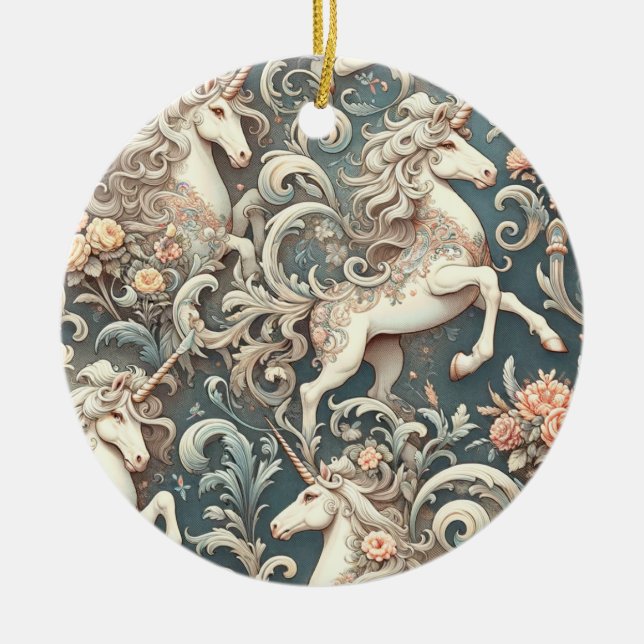 Mystical Victorian Unicorns: Enchanted Floral  Ceramic Tree Decoration (Front)