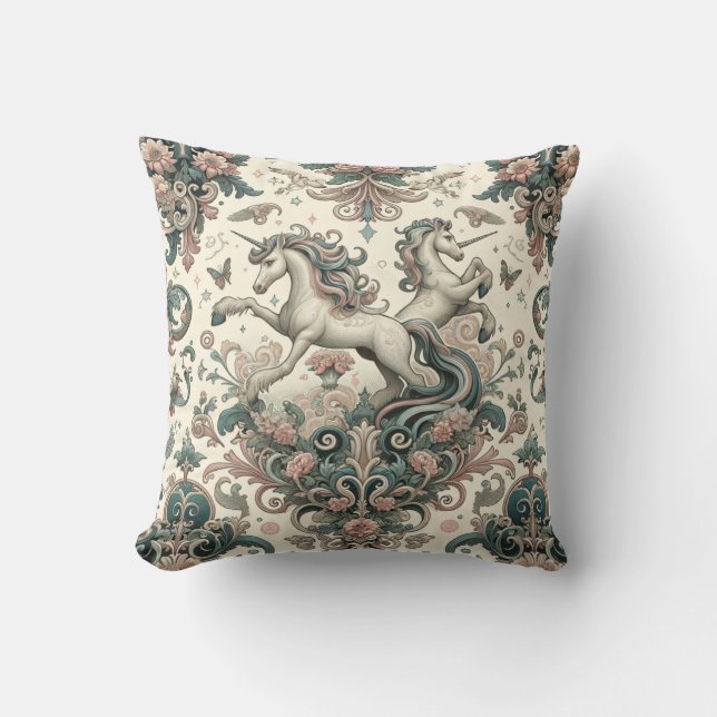 Mystical Victorian Unicorns: Enchanted Floral  Cushion (Front)