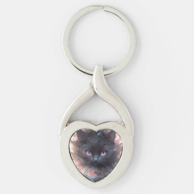 Mystical Watercolor Black Cat | Cute  Cat Key Ring (Front)