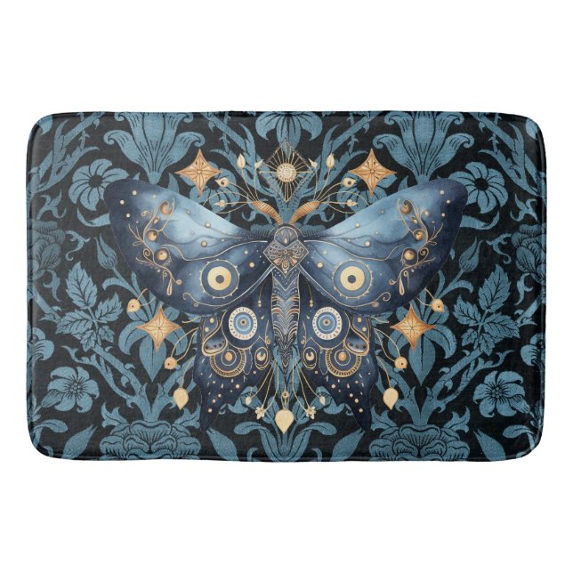 Mystical Watercolor Blue and Gold Night Moth Bath Mat (Front)