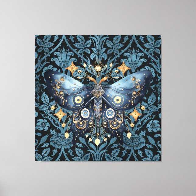 Mystical Watercolor Blue and Gold Night Moth Canvas Print (Front)