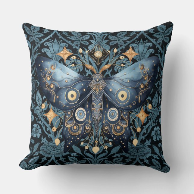 Mystical Watercolor Blue and Gold Night Moth Cushion (Front)