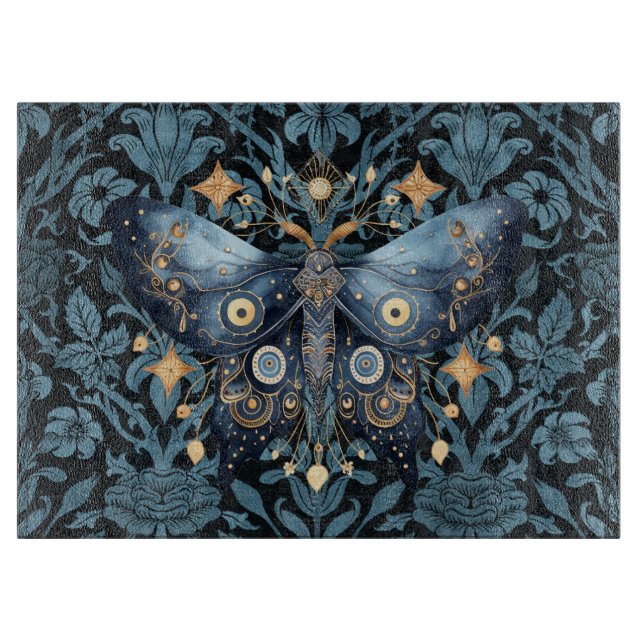 Mystical Watercolor Blue and Gold Night Moth Cutting Board (Front)