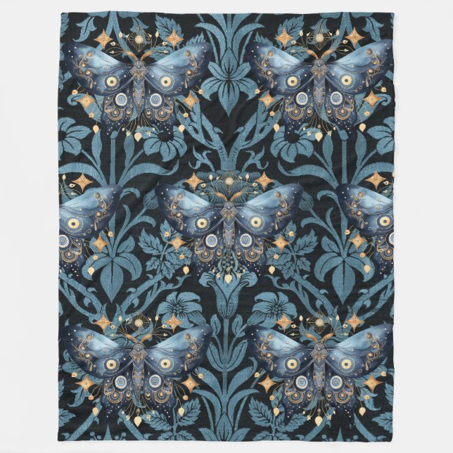 Mystical Watercolor Blue and Gold Night Moth Fleece Blanket (Front)