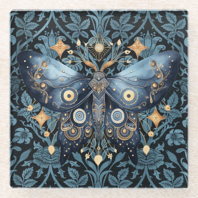 Mystical Watercolor Blue and Gold Night Moth Glass Coaster (Front)