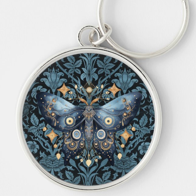 Mystical Watercolor Blue and Gold Night Moth Key Ring (Front)