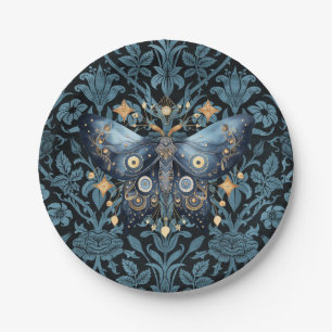 Mystical Watercolor Blue and Gold Night Moth Paper Plate