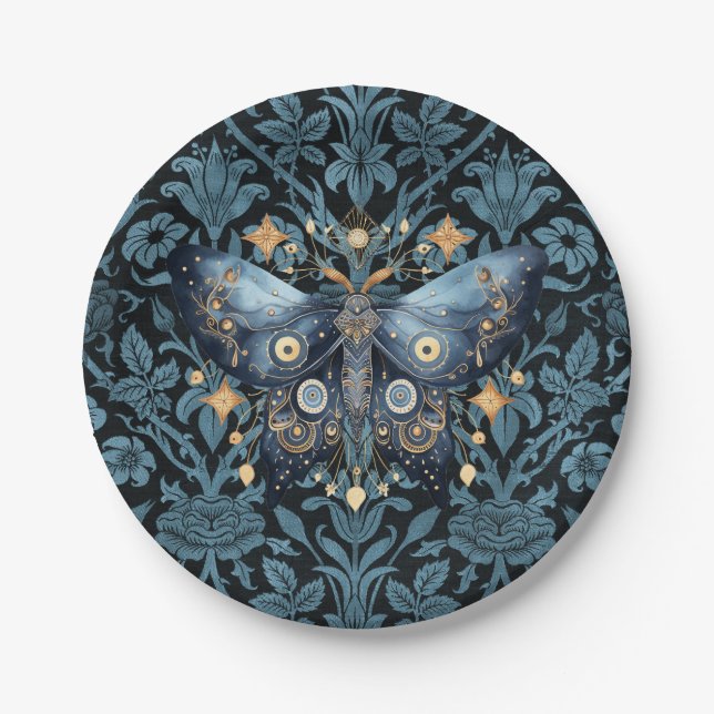 Mystical Watercolor Blue and Gold Night Moth Paper Plate (Front)