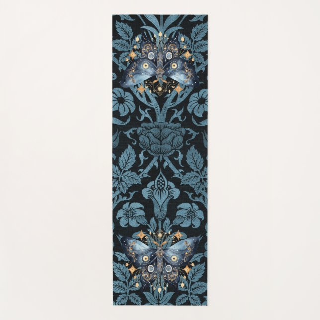 Mystical Watercolor Blue and Gold Night Moth Yoga Mat (Front)