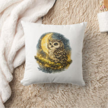 Mystical Watercolor Owl and Golden Crescent Moon