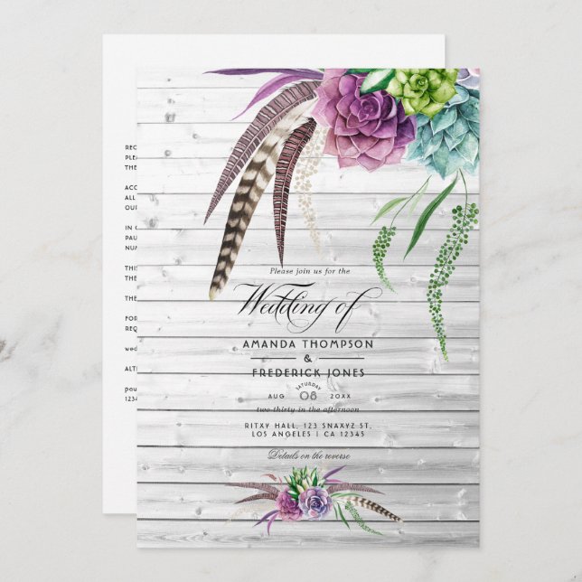 Mystical Watercolor Succulents Bohemian Wedding Invitation (Front/Back)