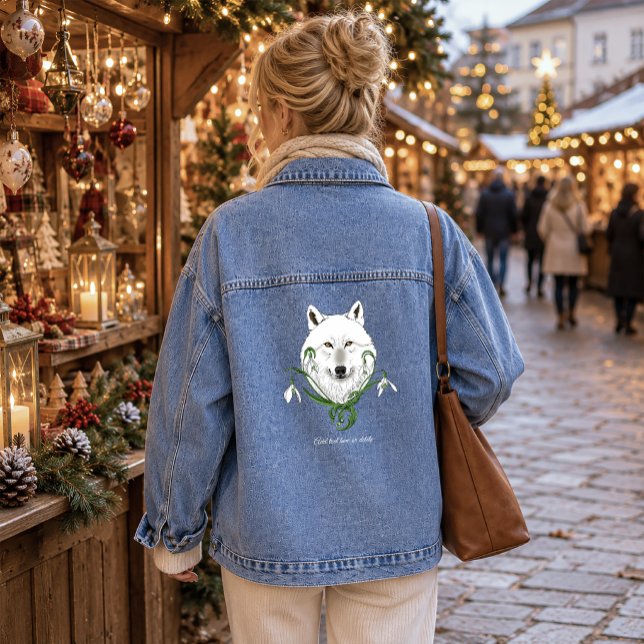 Mystical White Arctic Wolf Winter Snowdrop Blue Denim Jacket (Creator Uploaded)