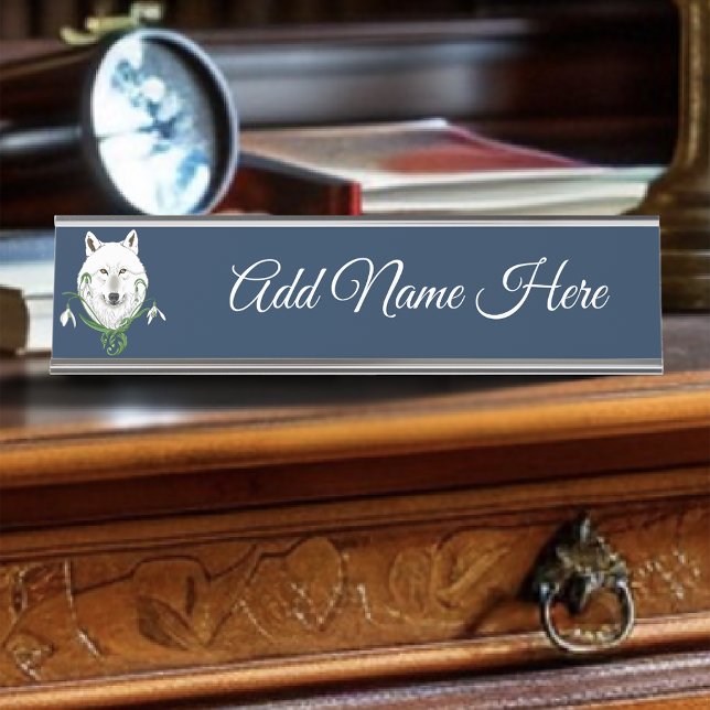 Mystical White Arctic Wolf Winter Snowdrop Blue Desk Name Plate (Creator Uploaded)