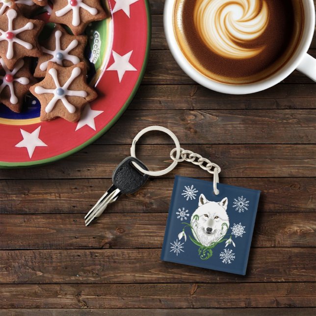 Mystical White Arctic Wolf Winter Snowdrop Blue Key Ring (Creator Uploaded)