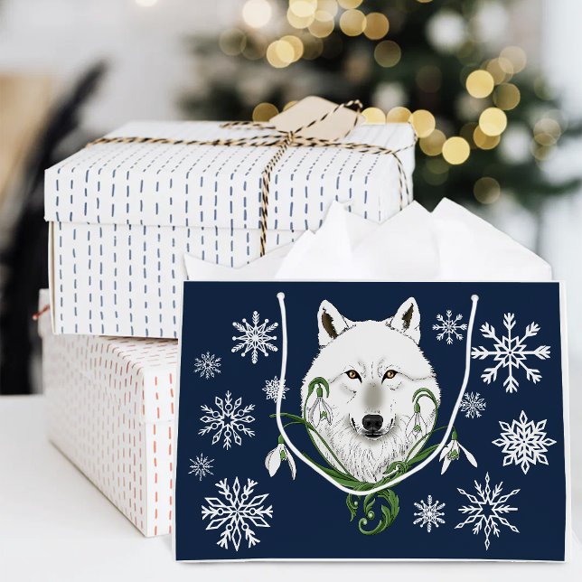 Mystical White Arctic Wolf Winter Snowdrop Blue Large Gift Bag (Creator Uploaded)