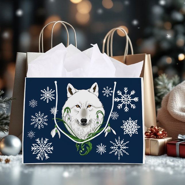 Mystical White Arctic Wolf Winter Snowdrop Blue Large Gift Bag (Creator Uploaded)