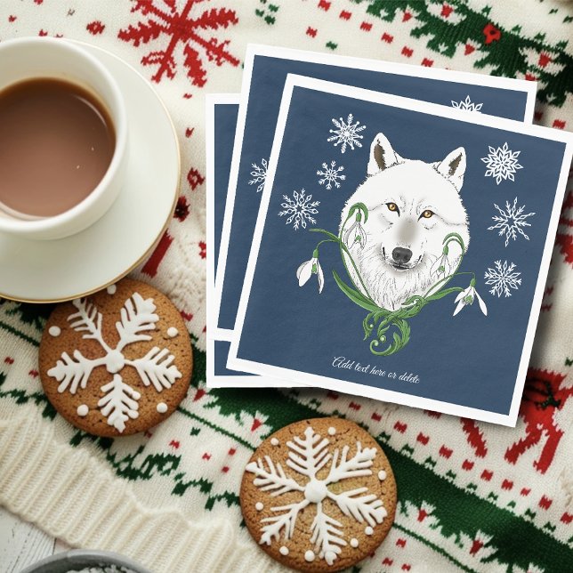 Mystical White Arctic Wolf Winter Snowdrop Blue Napkin (Creator Uploaded)