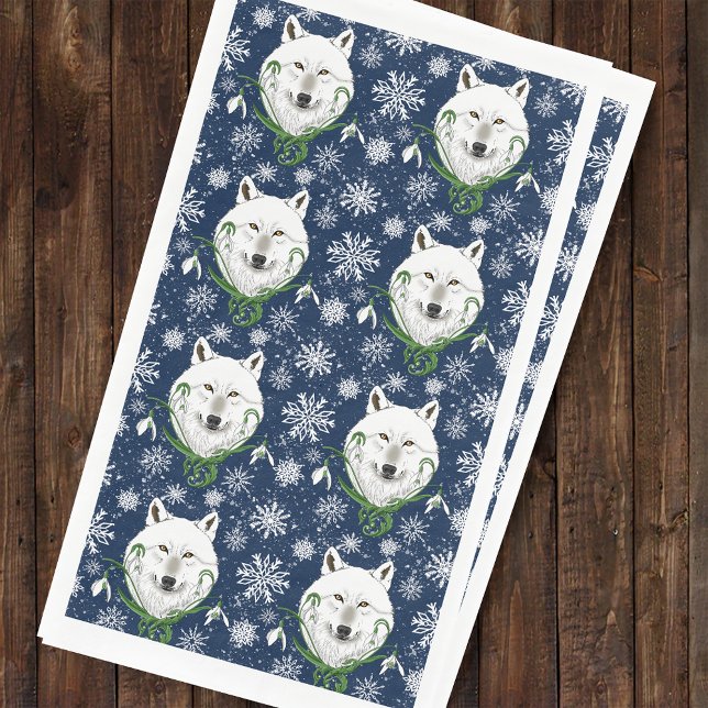 Mystical White Arctic Wolf Winter Snowdrop Blue Napkin (Creator Uploaded)