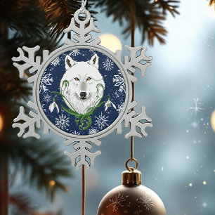 Mystical White Arctic Wolf Winter Snowdrop Blue Snowflake Pewter Christmas Ornament