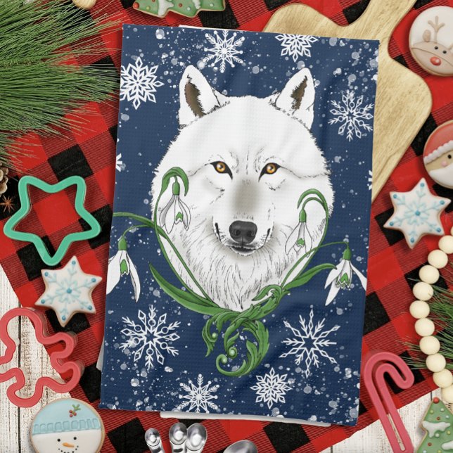Mystical White Arctic Wolf Winter Snowdrop Blue Tea Towel (Creator Uploaded)