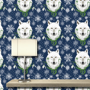 Mystical White Arctic Wolf Winter Snowdrop Blue Wallpaper