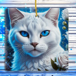 Mystical White Cat with Blue Eyes Christmas Ceramic Ornament<br><div class="desc">Magical white cat with bright blue eyes in white flowers personalised Christmas ornament. Mystical ai art.</div>