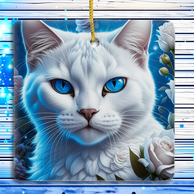 Mystical White Cat with Blue Eyes Christmas Ceramic Ornament (Creator Uploaded)