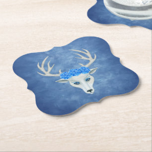Mystical White Deer Head Blue Eyes Roses Antlers Paper Coaster