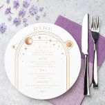 Mystical White Gold Sun Moon Stars Space Wedding Menu<br><div class="desc">Mystical White Gold Sun Moon Stars Space Wedding Menu Cards features a gold sun, moon and stars frame on a white background with your menu details in the centre in modern gold calligraphy script. Personalise by editing the text in the text boxes provided. Designed for you by Evco Studio ©...</div>