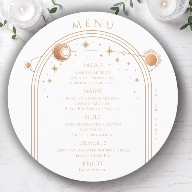 Mystical White Gold Sun Moon Stars Space Wedding Menu (Creator Uploaded)