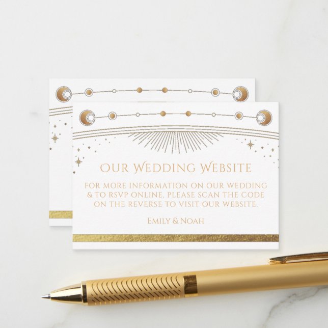 Mystical White Gold Wedding Website RSVP QR Code Enclosure Card (Front/Back In Situ)
